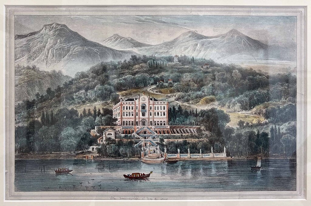 Comersee über die Reise 2026 1 Kolorierte historische Lithographie 'Villa Sommariva al Lago di Como' (heute Villa Carlotta) mit Bergpanorama und Booten auf dem See